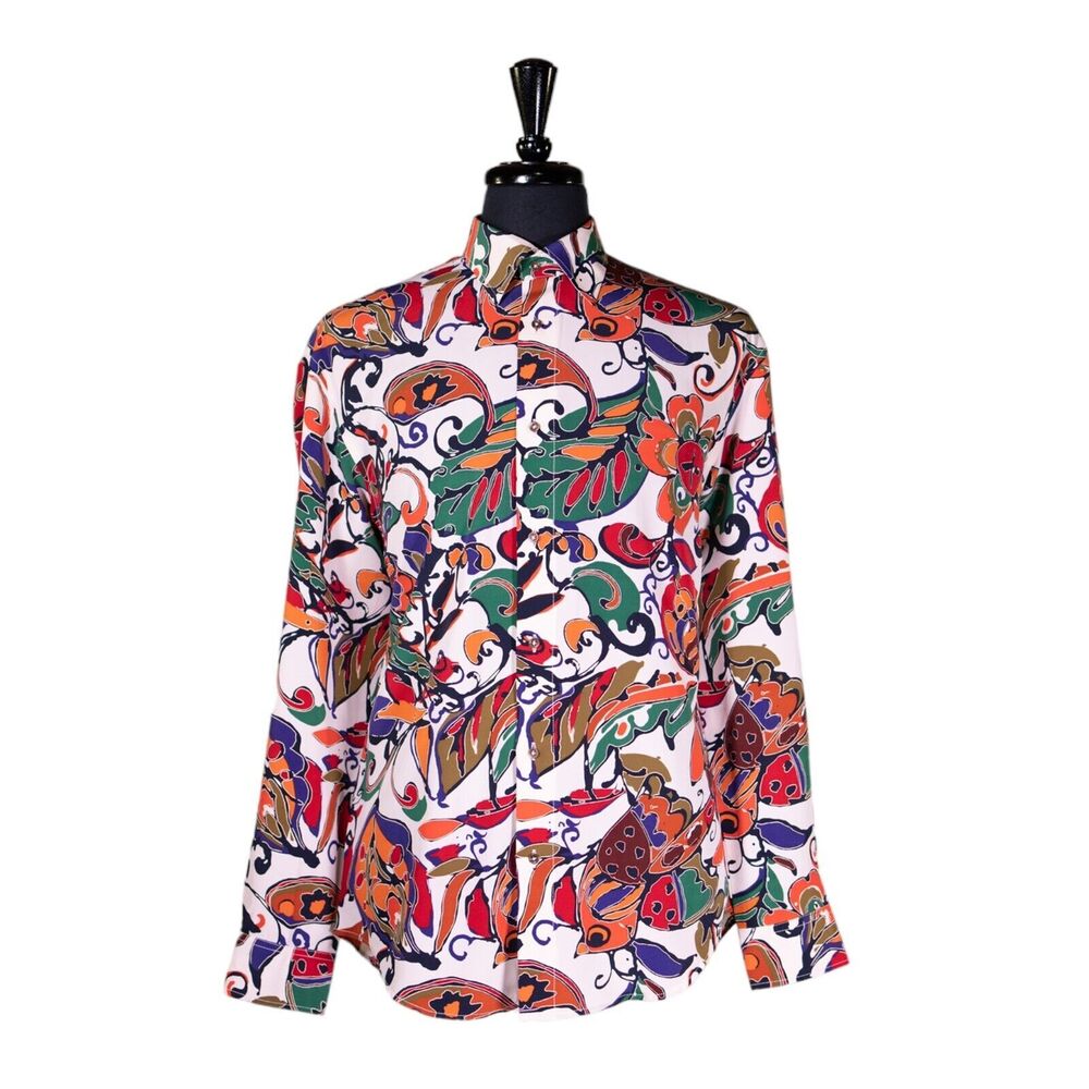 Mens Silk Shirt Button Up Multicolor Floral Dress Casual Hawaiian Beach Large